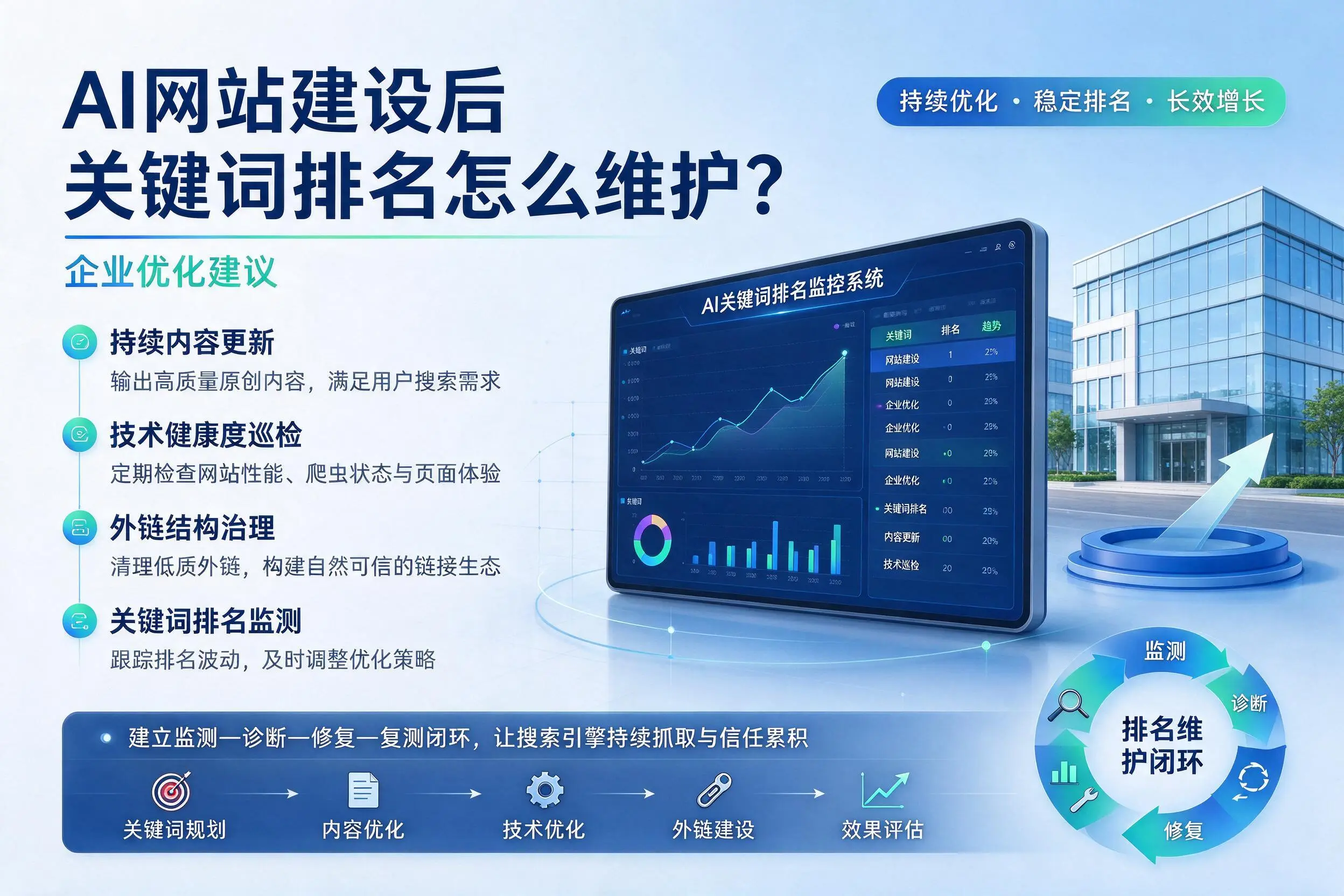 AI网站建设后关键词排名怎么维护?宿迁企业优化建议