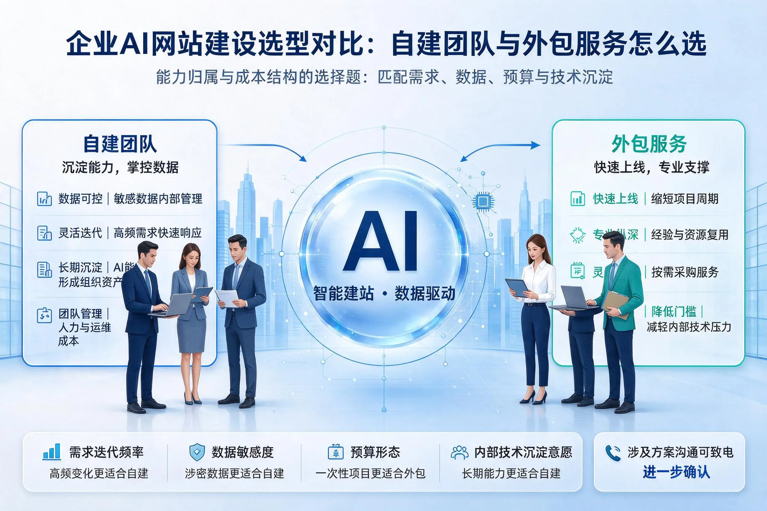 宿迁企业AI网站建设选型对比:自建团队与外包服务怎么选